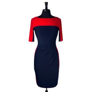 Chaps Ralph Lauren Women's Dress Red Navy Blue Faux Wrap Boat Neck Sheath Size S